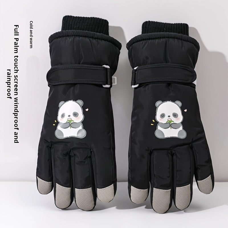 1 Pair Women'S Winter Ski Gloves, Cute Panda Design, Touchscreen Compatible, Polyester Thermal Lining, Velvet Palm, Magic Tape Closure, Hand Washable, Weather-Resistant